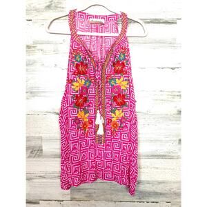 Savanna Jane Womens Plus 3X Pink Embroidered Boho Tie Neck Tank Top Blouse